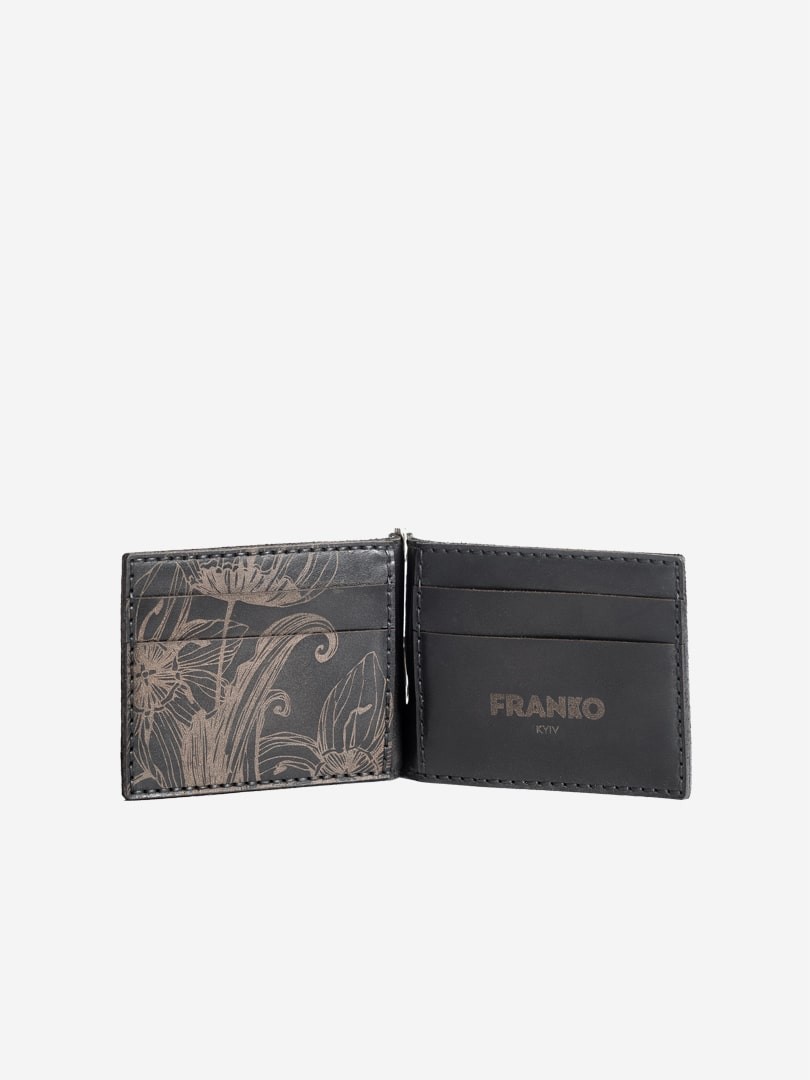 Чорне портмоне Nata flowers black Small Money clip wallet з натуральної шкіри | franko.ua