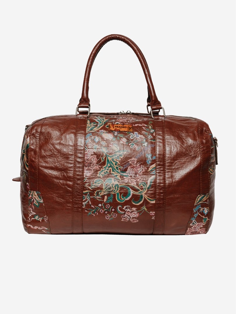Коричнева дорожня сумка Flowers pattern brown Road bag з натуральної шкіри | franko.ua