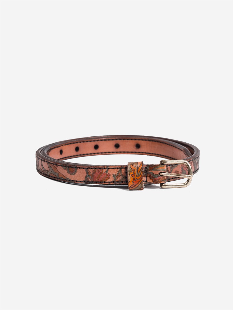 Flowers pattern brown Small belt in italian vegetable tanned leather | franko.ua