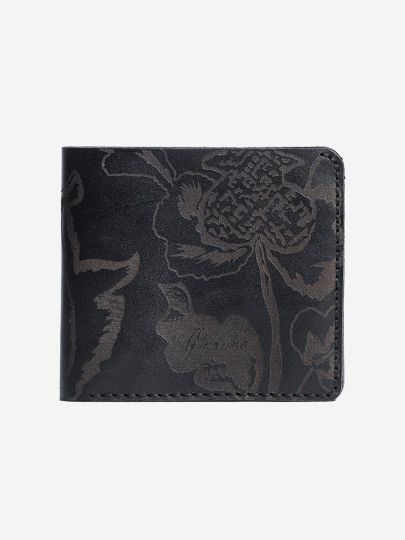 Kozak flowers black Medium wallet in natural leather | franko.ua